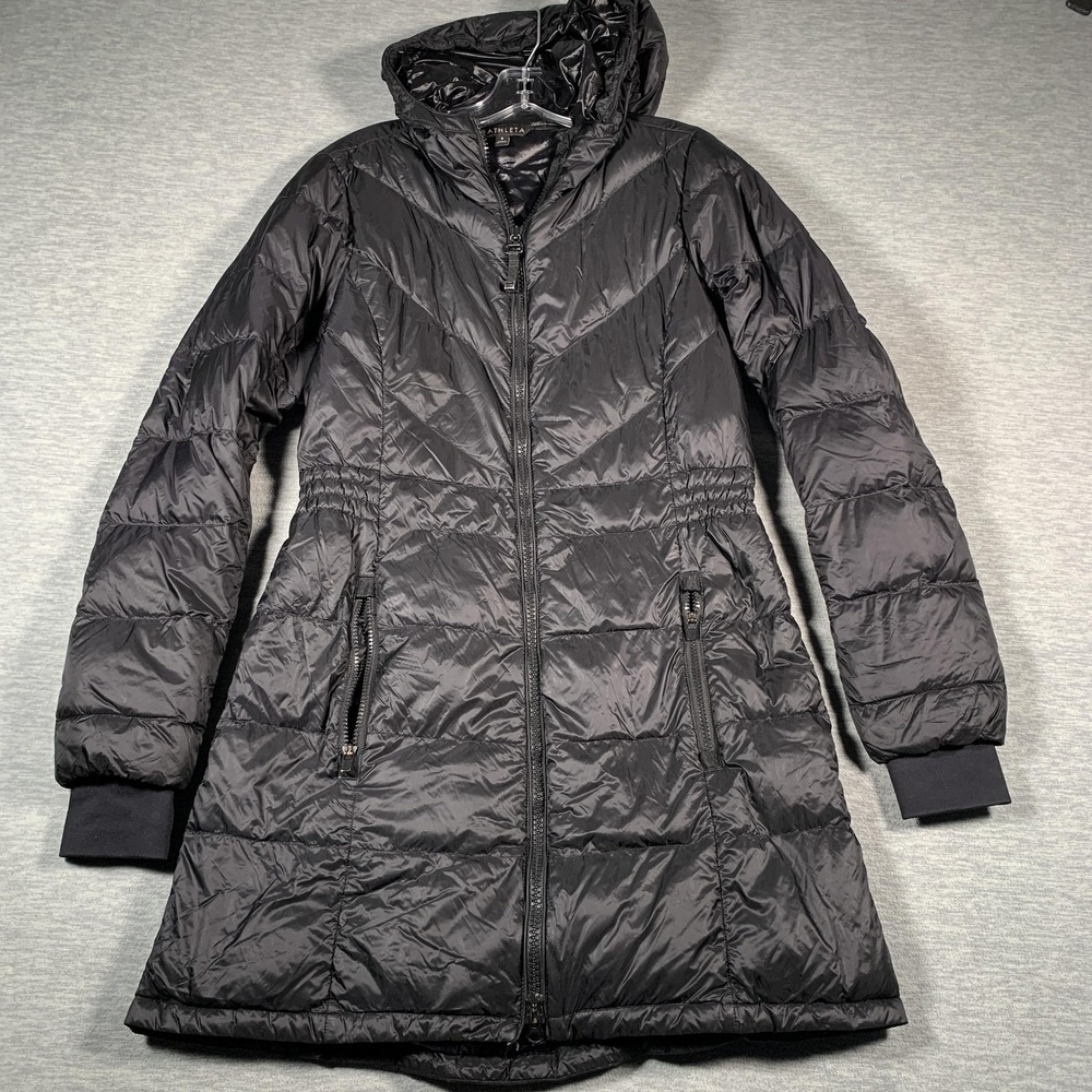 Athleta Coat Womens Small Black Long Puffer Down Hooded‎ Quilted Zip Pockets